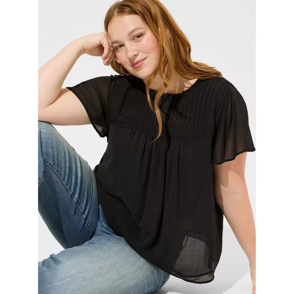 Torrid Chiffon Smocked Pintuck Flutter Short Sleeve Blouse Deep Black 3 (3X)